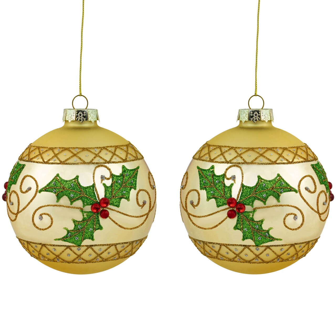 Northlight Glittered Holly and Berries Christmas Glass Ball Ornaments - 4" - Gold - Set of 2